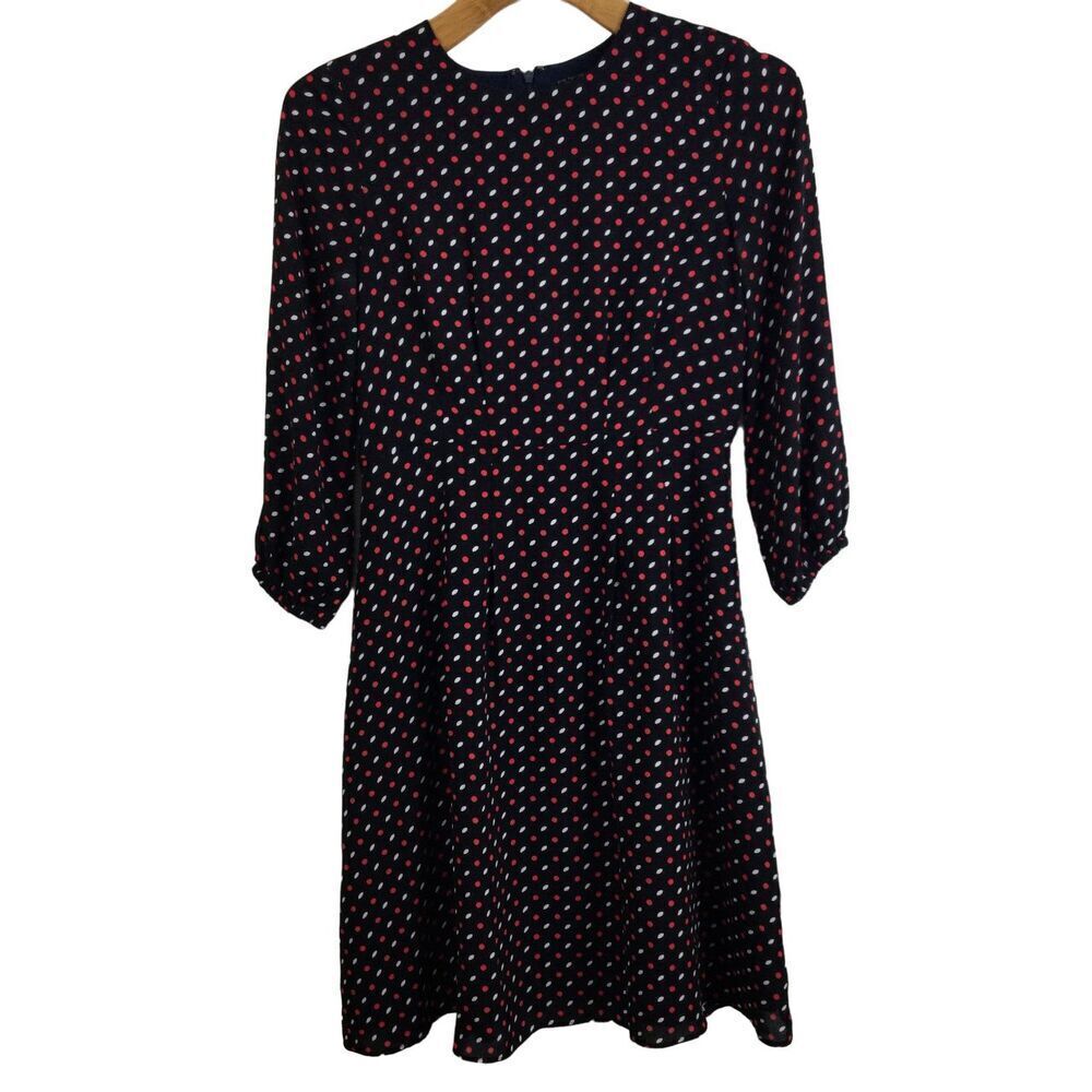 Ann Taylor Womens Long Sleeve Polka Dot Dress Navy Blue/Multi Size 4P Petite